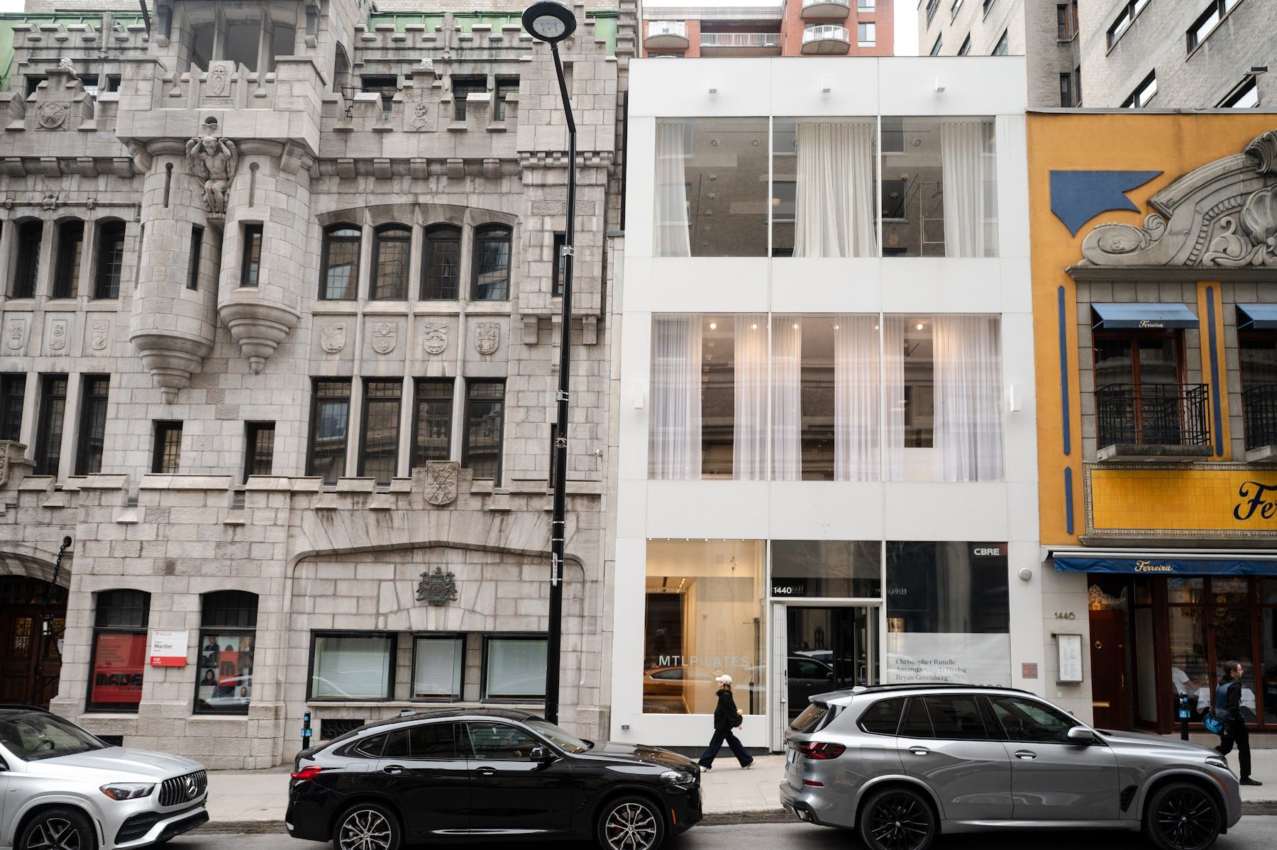 The MTLPILATES building at 1440 Rue Peel, downtown Montreal